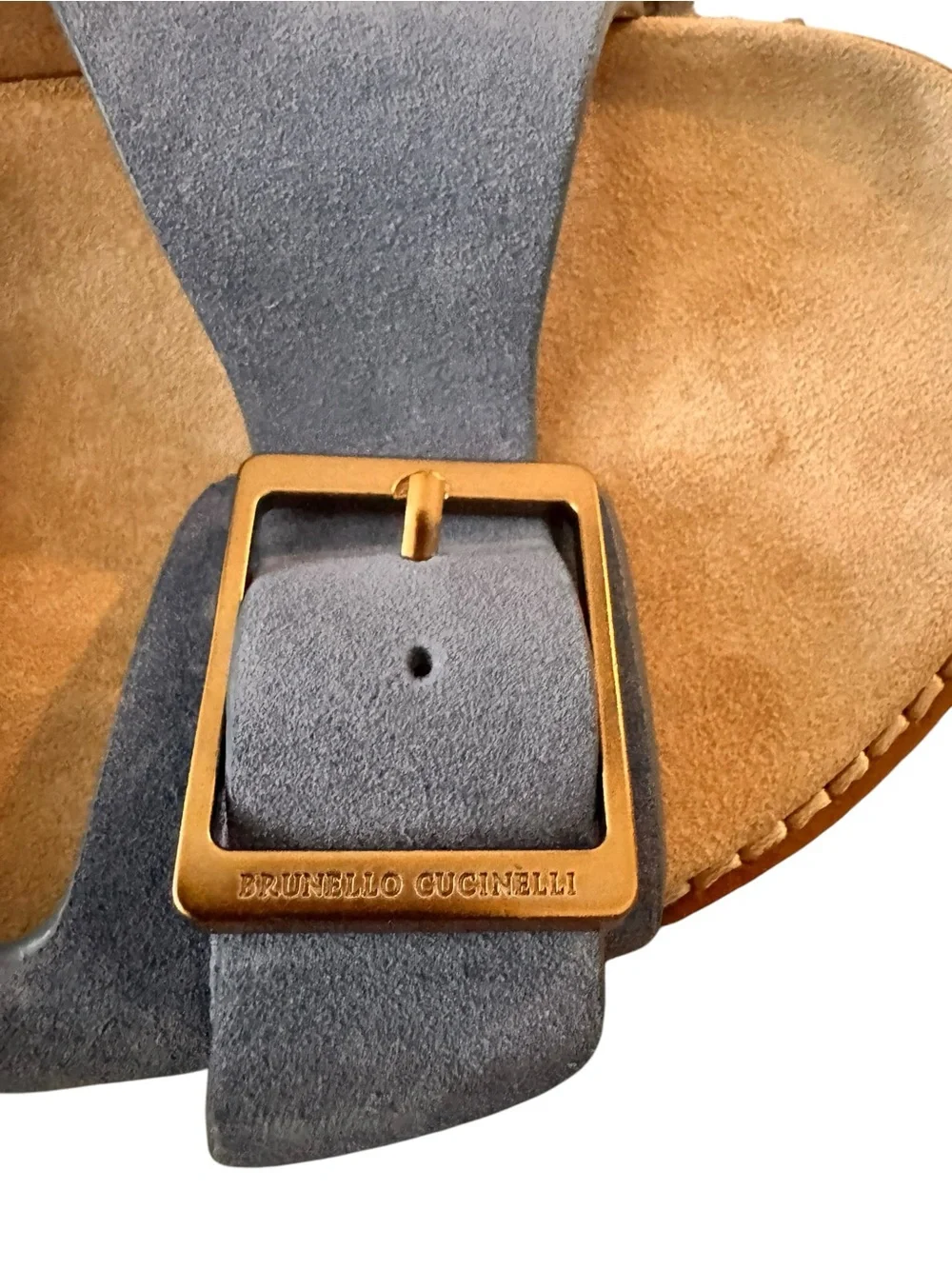Brunello Cucinelli Suede Double-Buckle Slides in Dusty Blue